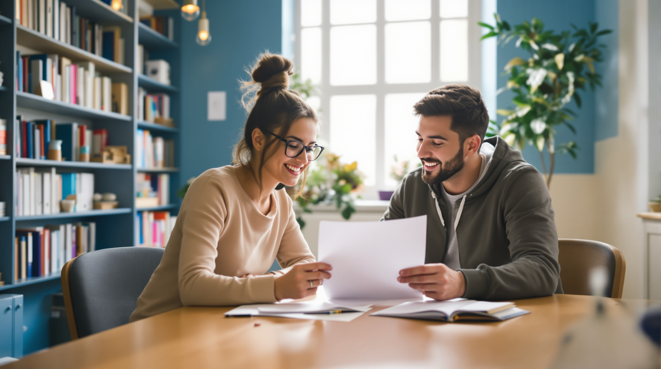 A writing tutor reviewing an essay draft with a student