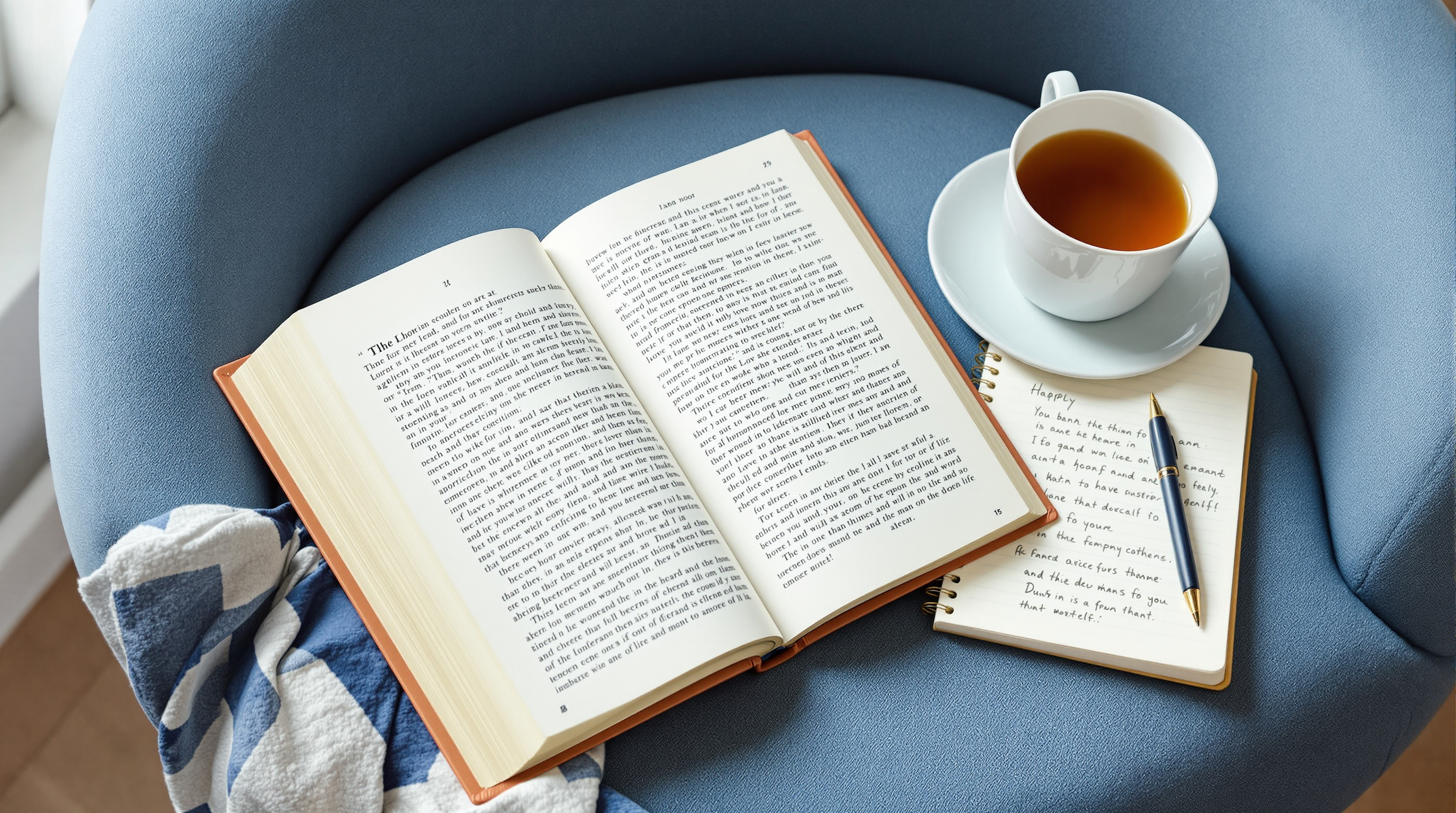 An open book and reading notes in a cozy reading nook