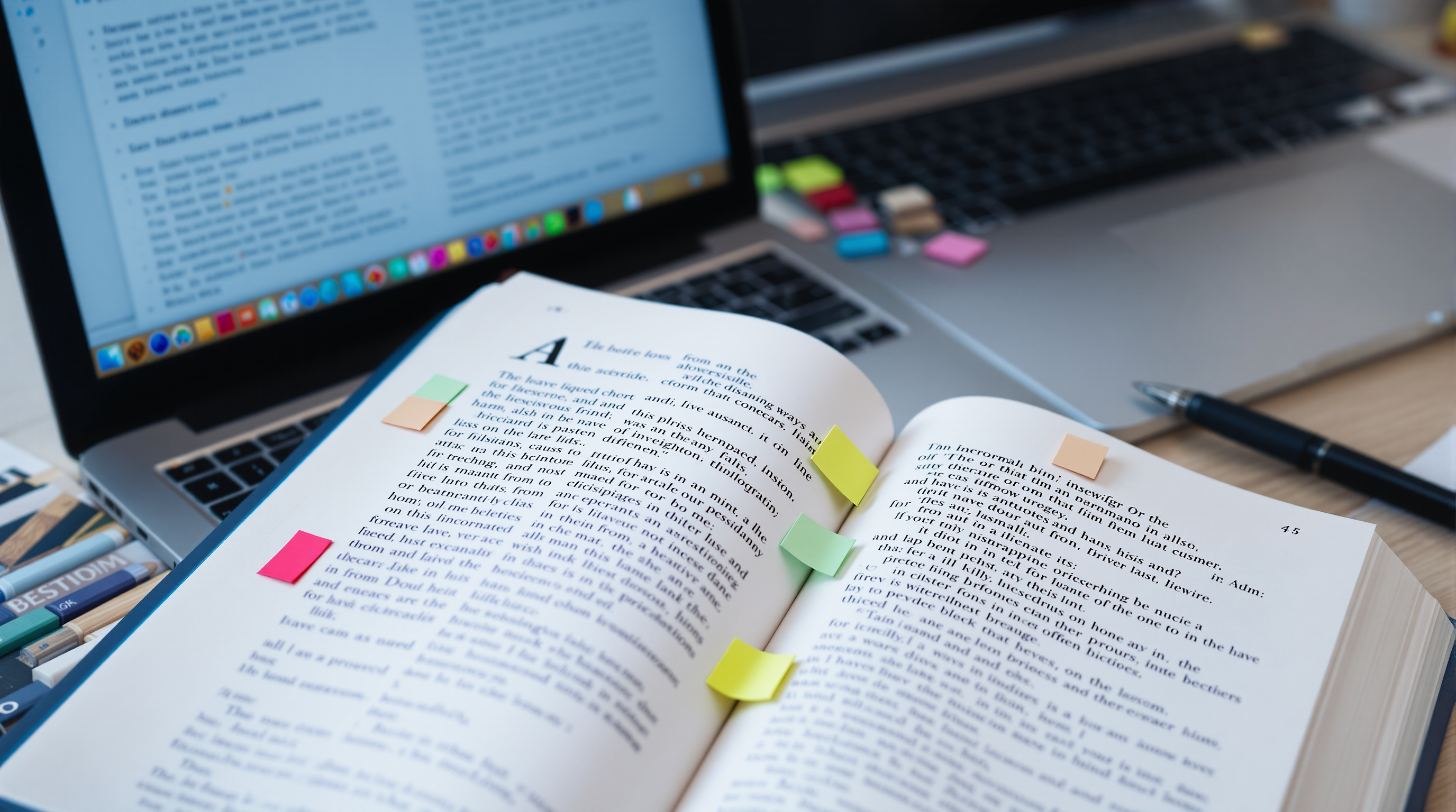A reference book and laptop showing a formatted bibliography