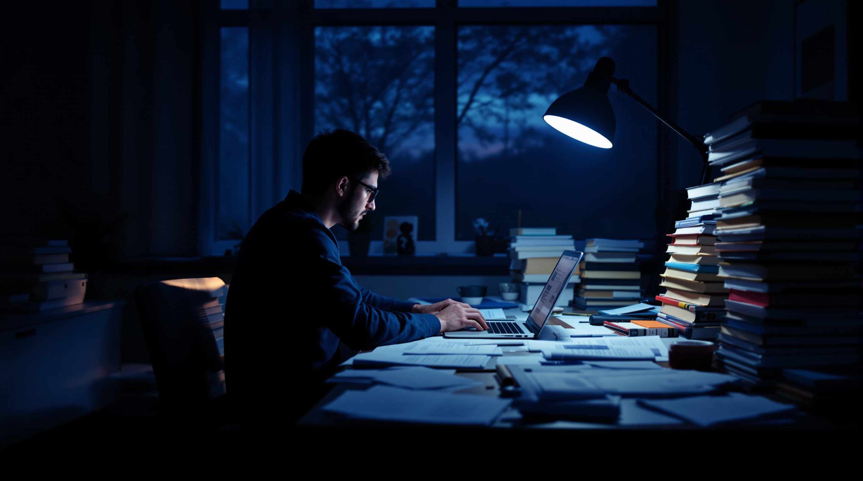 A graduate student working on a dissertation at a desk