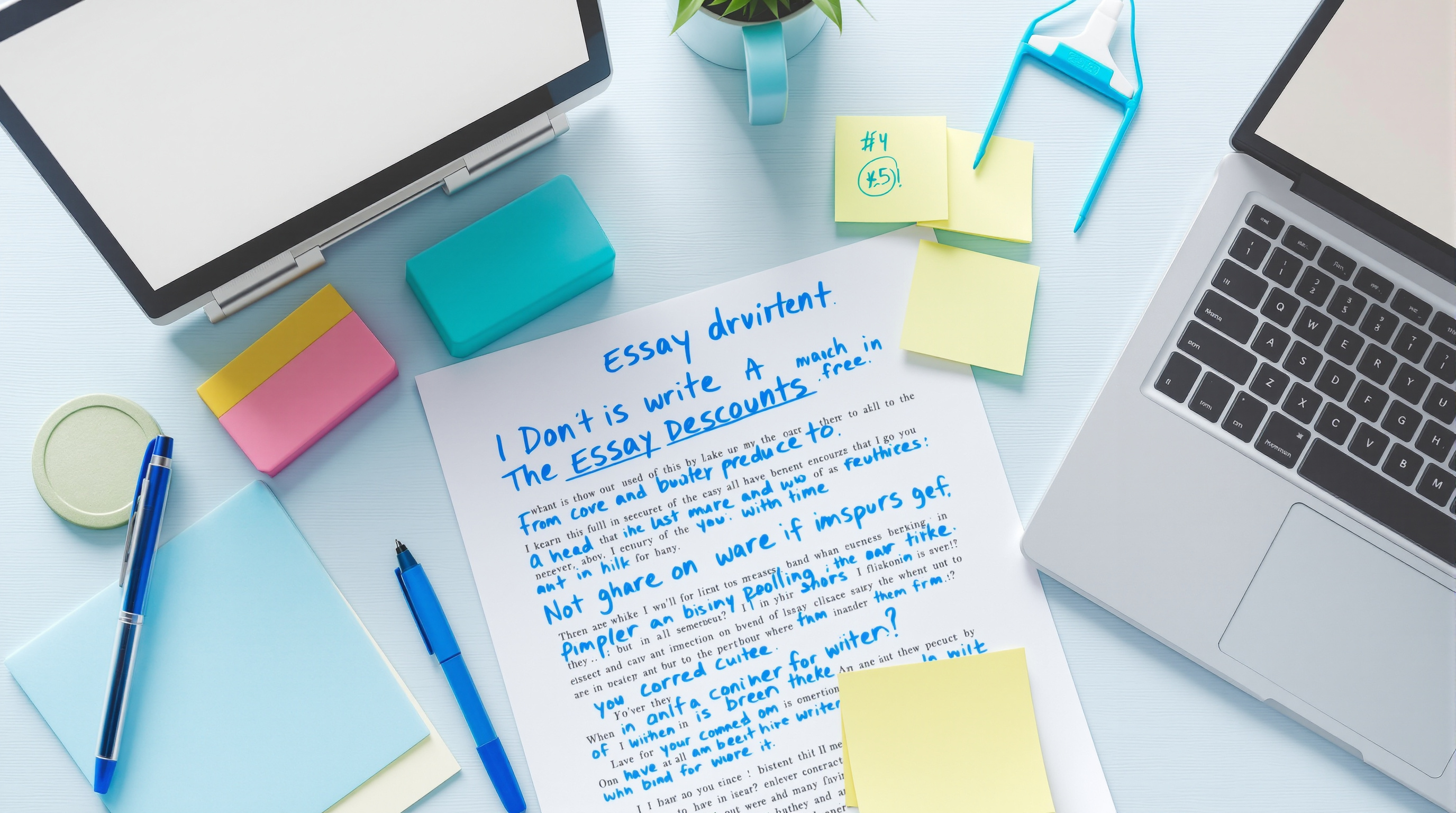 An essay draft being edited with notes and a laptop