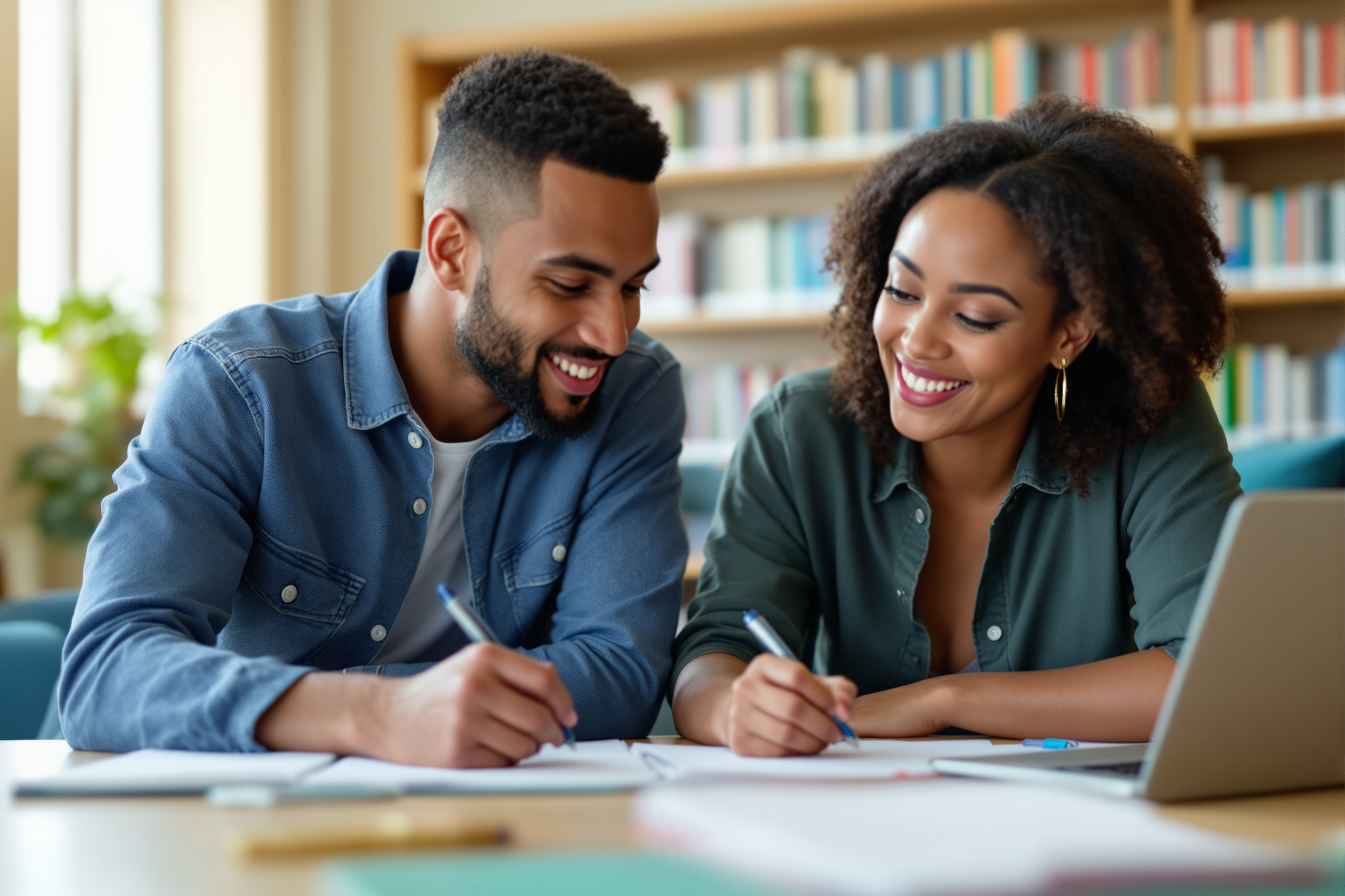 Students discussing study notes together in a library