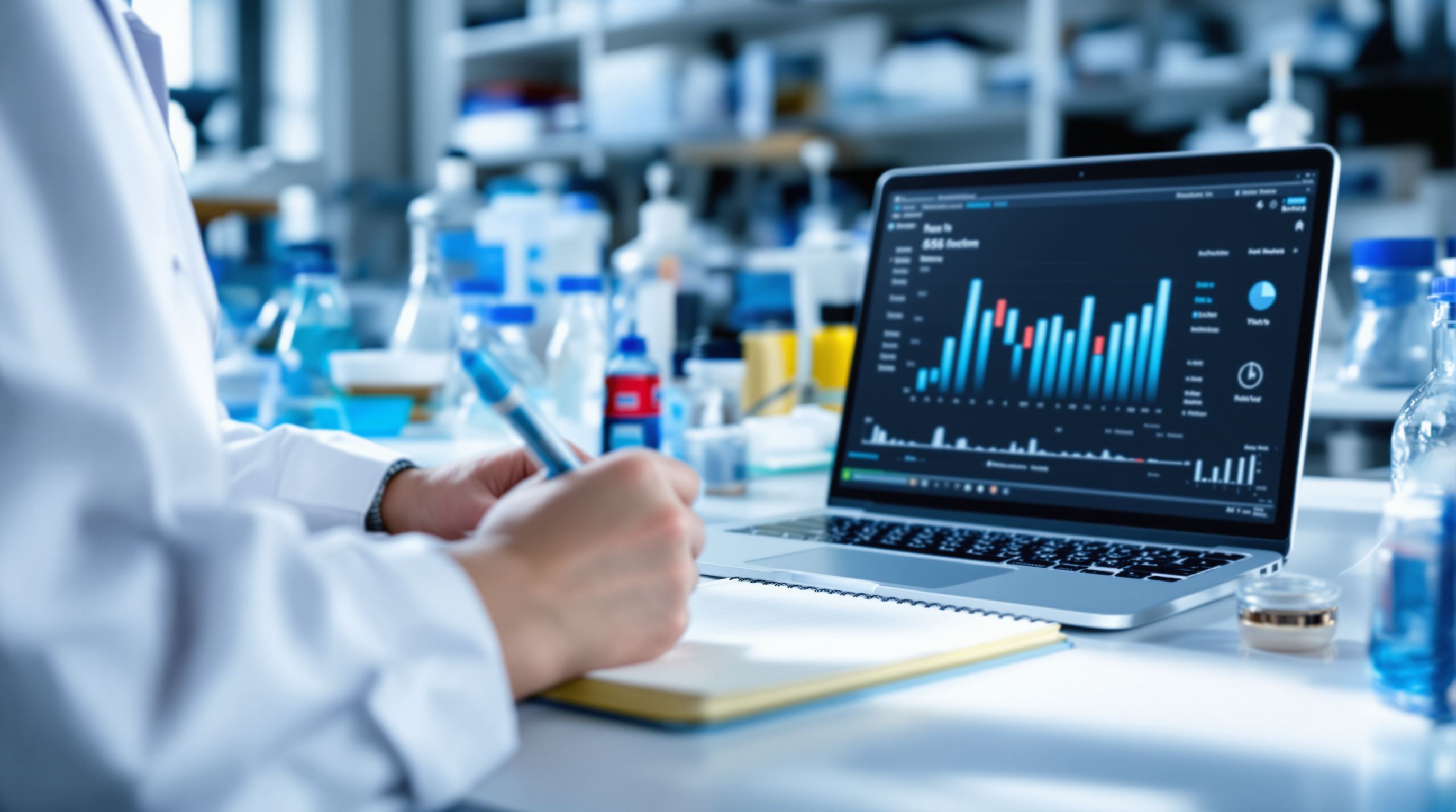 A lab notebook and labware on a tidy laboratory bench