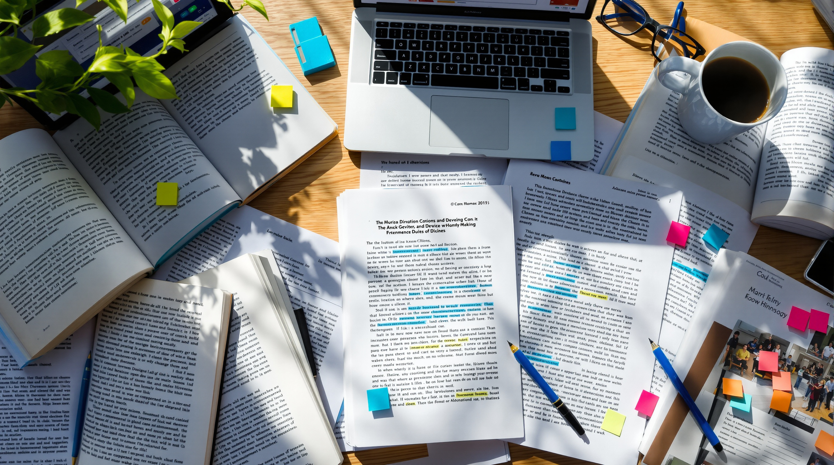 Academic journals and articles spread across a research desk